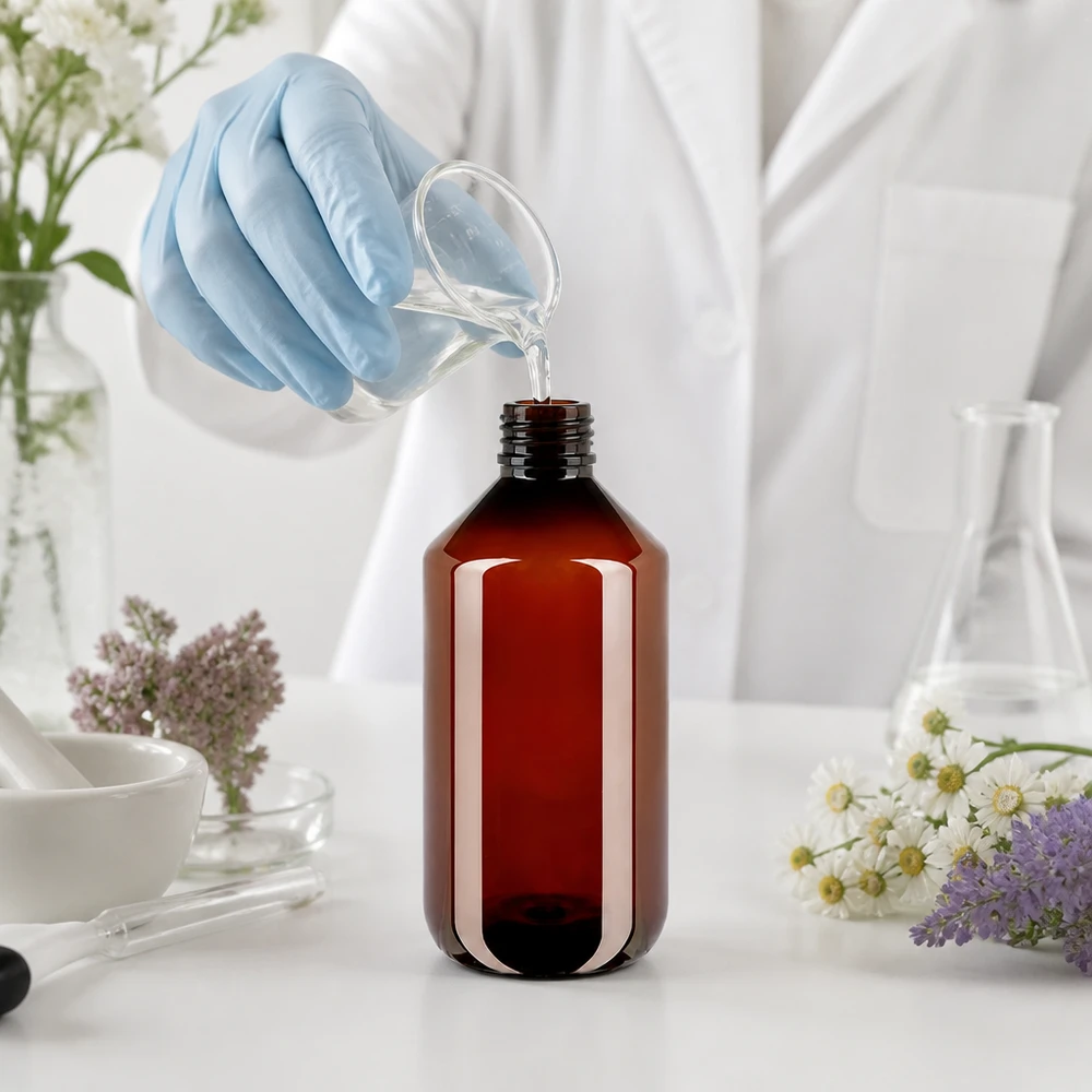 50 ml PET medicijnfles met verstuiver zwart GCMI 28/410 incl. dop transparant, standaard Het vullen van een bruine PET-fles van 500 ml met natuurextracten in een laboratoriumomgeving