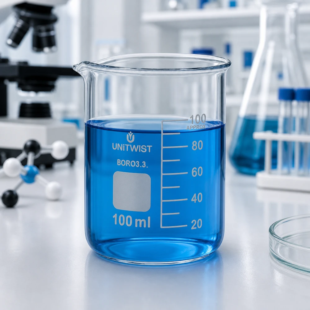 Beker 100ml borosilicaat, lage vorm UNiTWIST Laag bekerglas 100 ml, borosilicaat 3.3, met opschriftveld van UNiTWIST