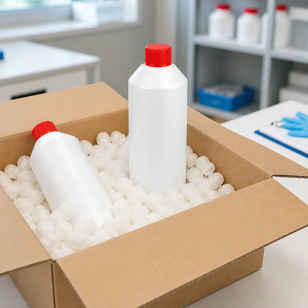Twee witte apothekersflessen van 250 ml, HDPE, met rode SV, in verzendverpakking, laboratorium