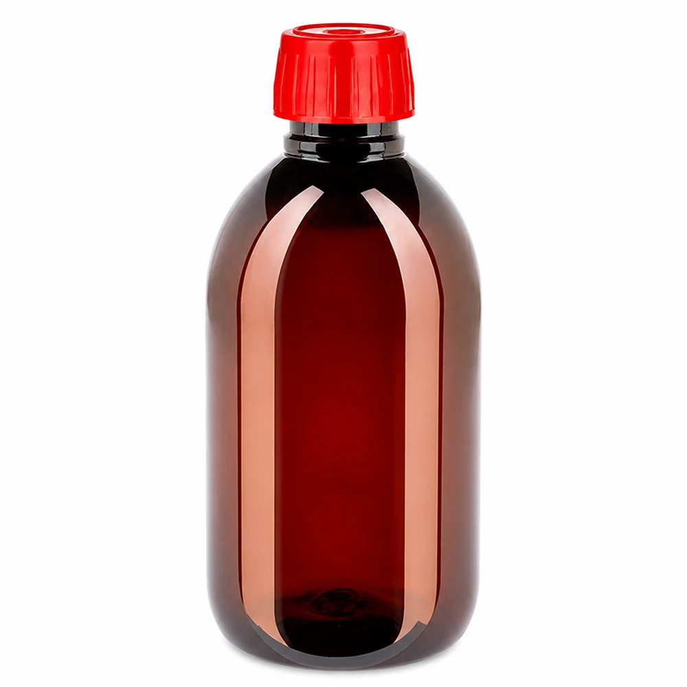 Apothekersfles van 250 ml, bruin en transparant, met een rode ontluchtingsdop van stevig PET