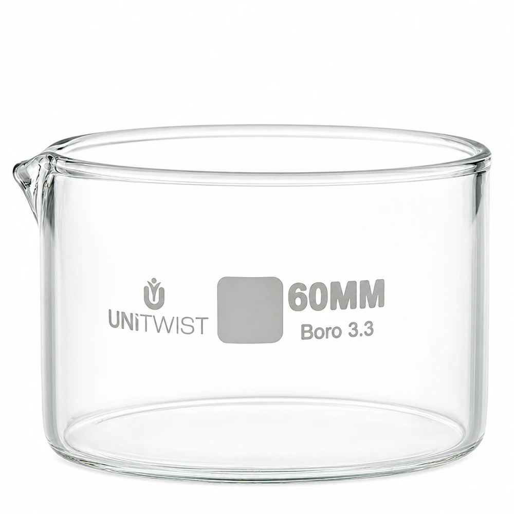 Cilindrische kristallisatieschaal 60 mm met tuit, borosilicaatglas, UNiTWIST, bestand tegen chemicaliën