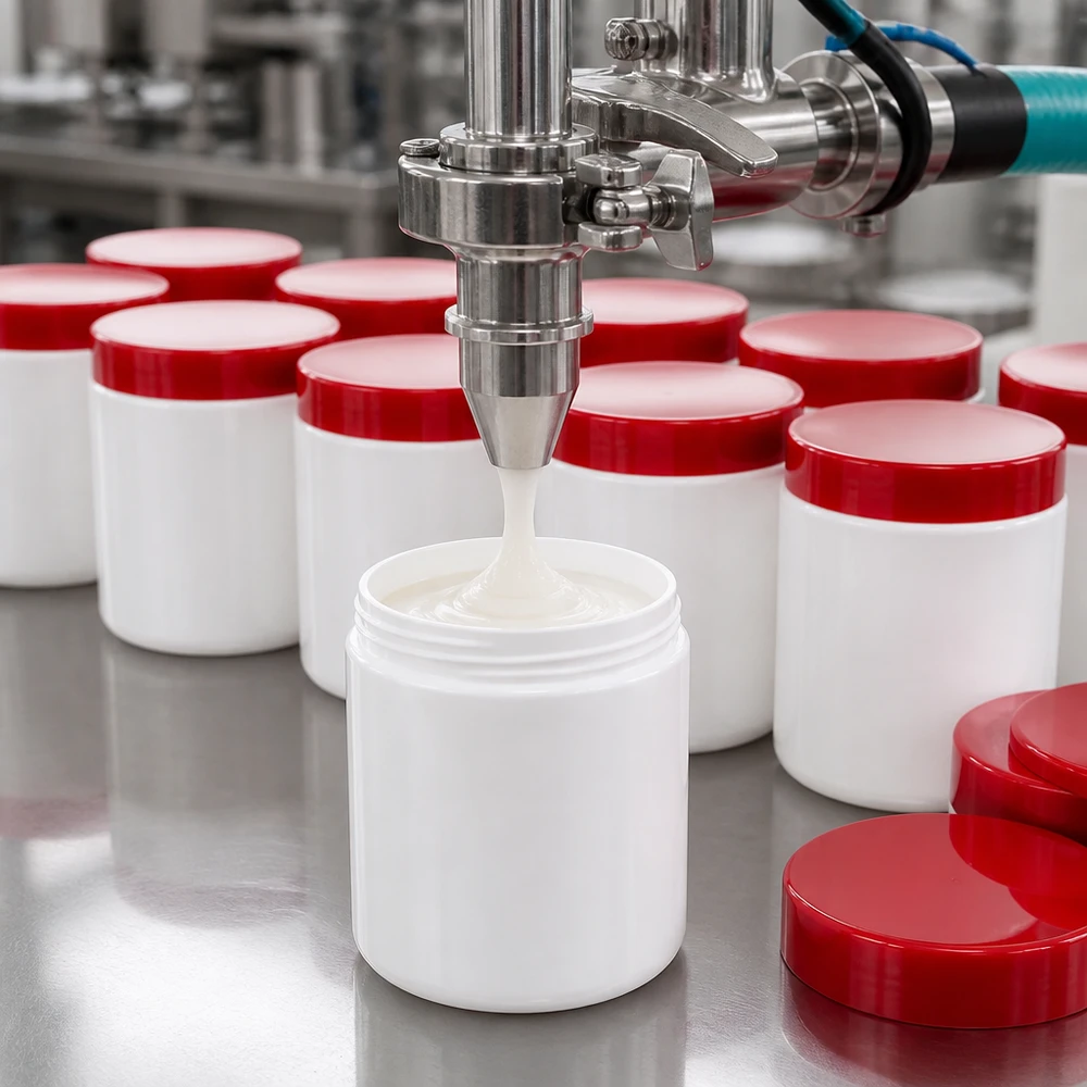 Het machinaal vullen van witte zalfpotjes van 20 g met een rode schroefdop met witte crème