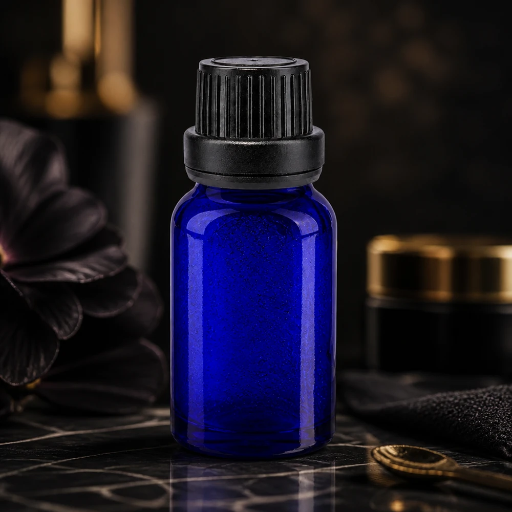 Blauwe glazen flessen 10ml met zwart druppelstop OV Flesje van 10 ml van blauw ApoGlas met een druppelaar van 2 mm voor aromatherapie en etherische oliën