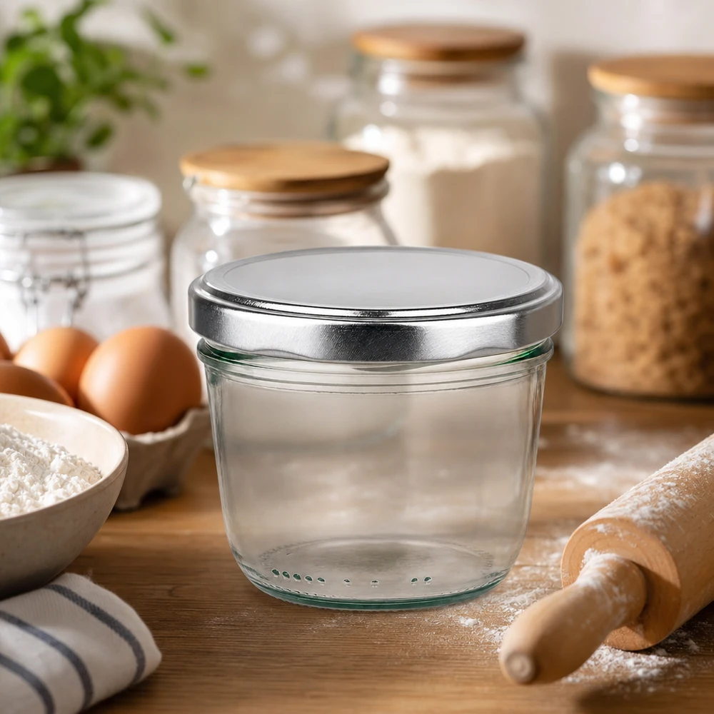 230ml bekers met BasicSeal deksel zilver UNiTWIST 230ml bekers zilver BasicSeal deksel in bakkerij omgeving met bloem eieren deegroller bak ingrediënten keuken sfeer