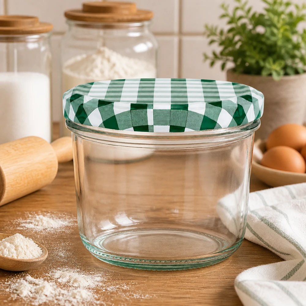 Lege 230ml beker BasicSeal deksel groen en wit geblokt keukentafereel bloem eieren houten plank inmaakpotje
