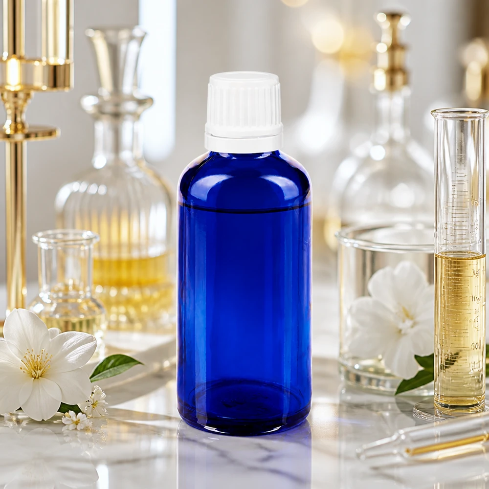 Blauwe glazen flessen 50ml met wit schroefsluiting VR Farmaceutisch blauw glazen flesje van 50 ml met wit SV OV-logo op een glanzend marmeren oppervlak