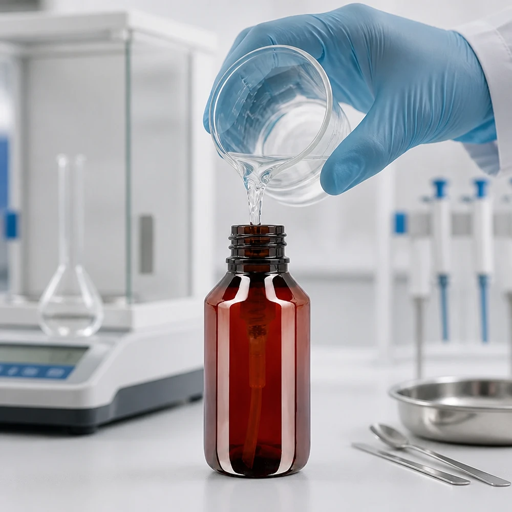 50 ml PET medicijnfles met wit dispenserpomp, standaard Präzises Befüllen einer lichtgeschützten 50ml PET Rundflasche mit flüssigem Wirkstoff