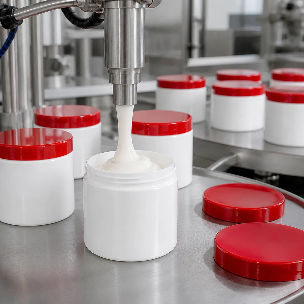 Automatisch afvullen van crème in witte zalfpotjes van 10 g met rode PP-kunststofdeksels