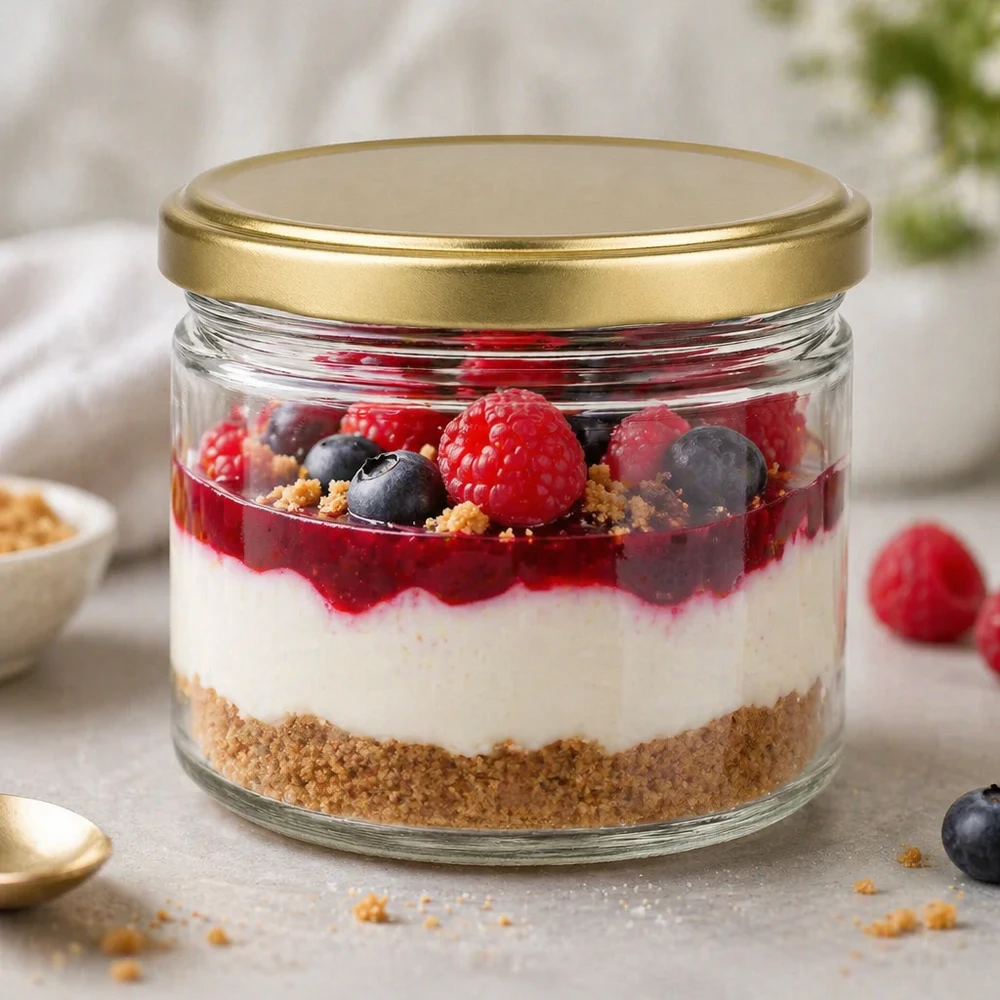 700g BasicSeal honingpot met gouden deksel als dessertpot voor gelaagde desserts met bessen en biscuitbodem
