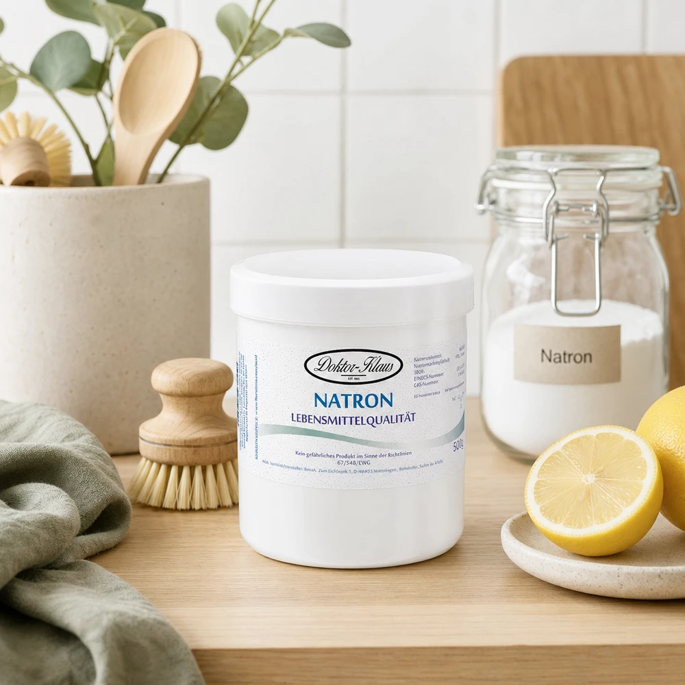 Doktor-Klaus Natron, 500g in witte pot, levensmiddelenkwaliteit Doctor Klaus 500g witte baksoda van kunststof met schroefdop om gemakkelijk op te bergen