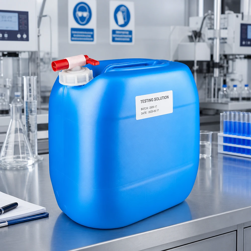 Voedselveilige kunststof jerrycan van 30 liter, blauw, met tapkraan en beschrijfbaar etiket