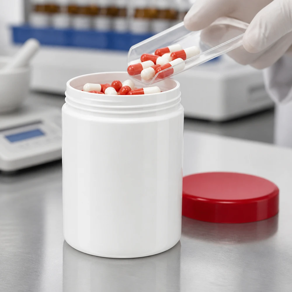 Zalfpot 800 g, pot met brede hals, wit en rood, afvulling van harde capsules in een steriele laboratoriumomgeving