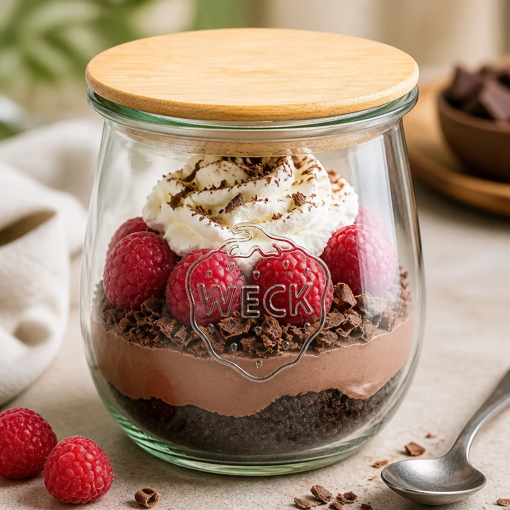 220ml tulpenglas WECK RR60 met hout deksel WECK tulp pot 220ml RR60 met houten deksel als dessert pot - Chocolade mousse met frambozen en room in een inmaak pot
