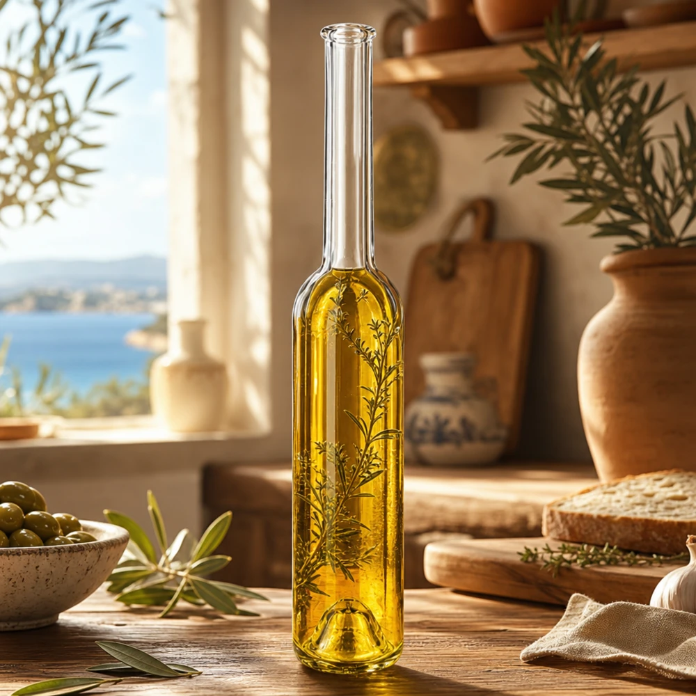 100ml glazen fles Hugo met olijfolie kruiden mediterrane keuken decoratie flessenhals lang UNiTWIST product afbeelding 7