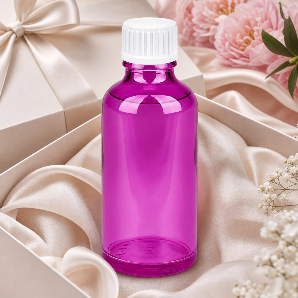 Premium 50 ml violet glazen fles met standaard opening voor eenvoudig vullen en doseren