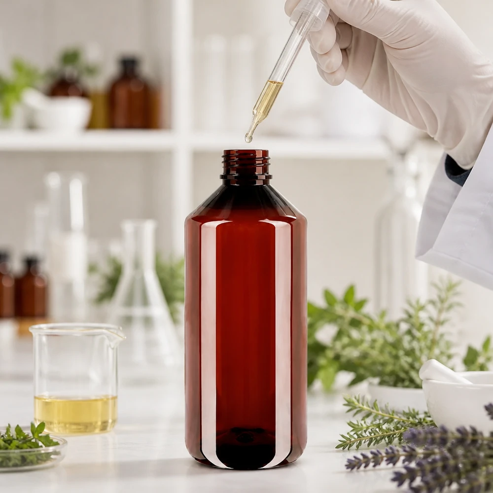 1000 ml PET medicijnfles met verstuiver zwart GCMI 28/410 incl. dop transparant, standaard Apothekersfles van PET, 1 liter, bruin, met UV-bescherming en een rode verzegelde dop
