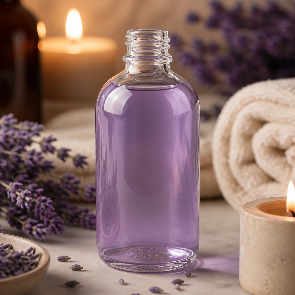 Doorzichtige glazen fles van 100 ml gevuld met paarse vloeistof UNiTWIST ClearLine apothekersfles DIN18