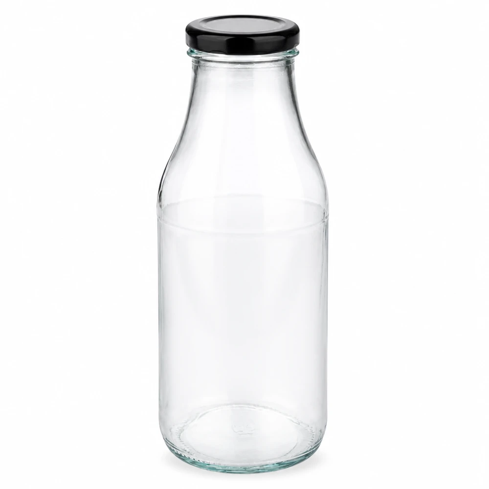 Glazen fles van 330 ml + BasicSeal-deksel, zwart, UNiTWIST Lege, doorzichtige glazen fles van 330 ml met zwarte, hersluitbare draaidop