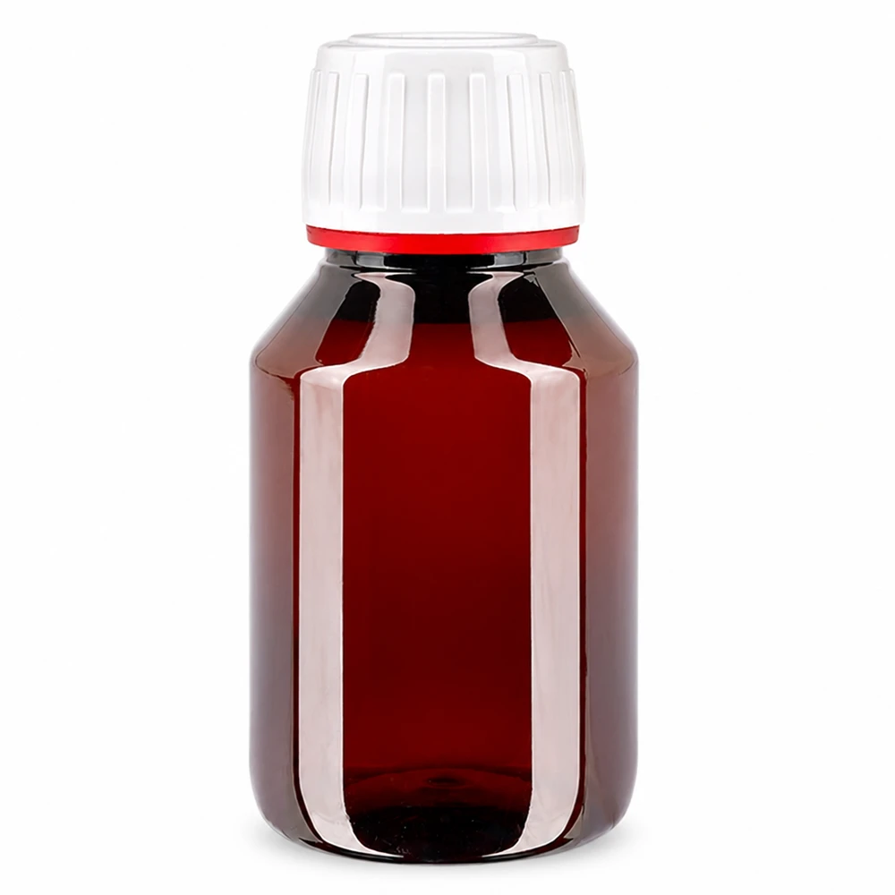 Lichtbestendige PET-fles van 50 ml met witte dop en rode garantiestrop