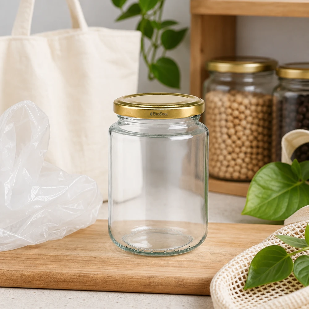 382ml rond glas met BioSeal deksel goud UNiTWIST UNiTWIST Runda382 inmaakpot in zero-waste keuken, duurzaam TO66 BioSeal deksel goud, houten plank sfeer