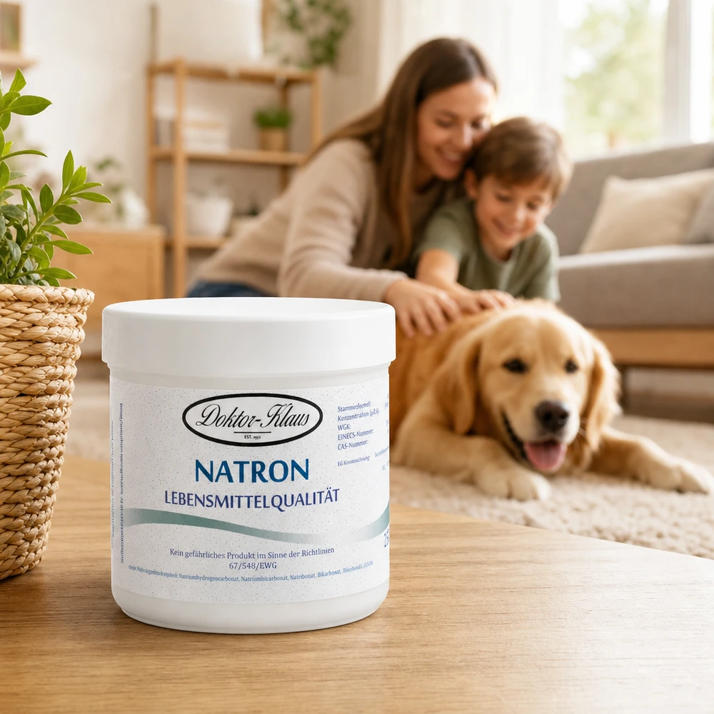 Doktor-Klaus Natron, 250g in witte pot, levensmiddelenkwaliteit 250 g Dokter Klaus zuiveringszoutpoeder in een witte plastic verpakking om thuis te bakken en te koken