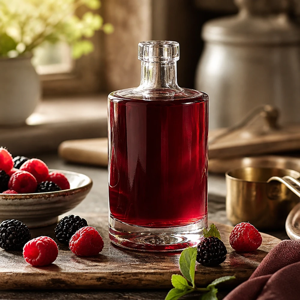 350 ml glazen fles Marie zonder sluiting UNiTWIST® 350ml Glasflasche Marie mit rotem Beerensaft befüllt umgeben von frischen Himbeeren und Brombeeren rustikale Küche Bild