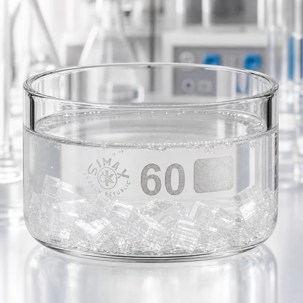 Kristalliseerschaal 60ml zonder schenktuit Lage ronde schaal van helder laboratoriumglas, 60 ml, gevuld met zichtbare kristallen en vloeistof