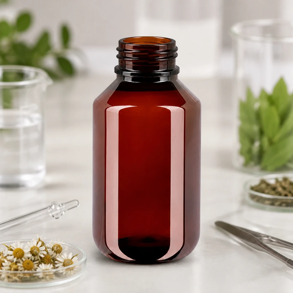 PET-fles 100ml met wit/rode dop OV Een amberkleurige PET-fles van 100 ml naast petrischalen met gedroogde kruiden en een pincet