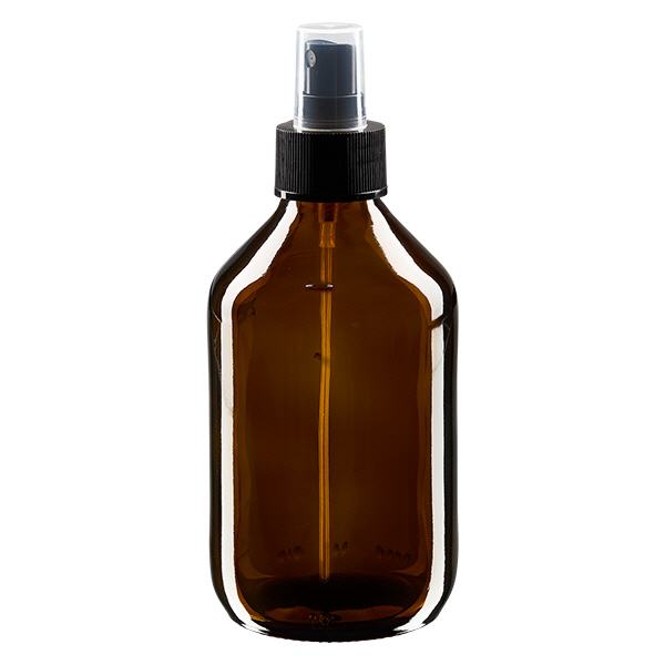 250ml Euro-medicijnfles bruin met verstuiver zwart incl. dop transparant 250ml Euro-medicijnfles bruin met verstuiver zwart incl. dop transparant