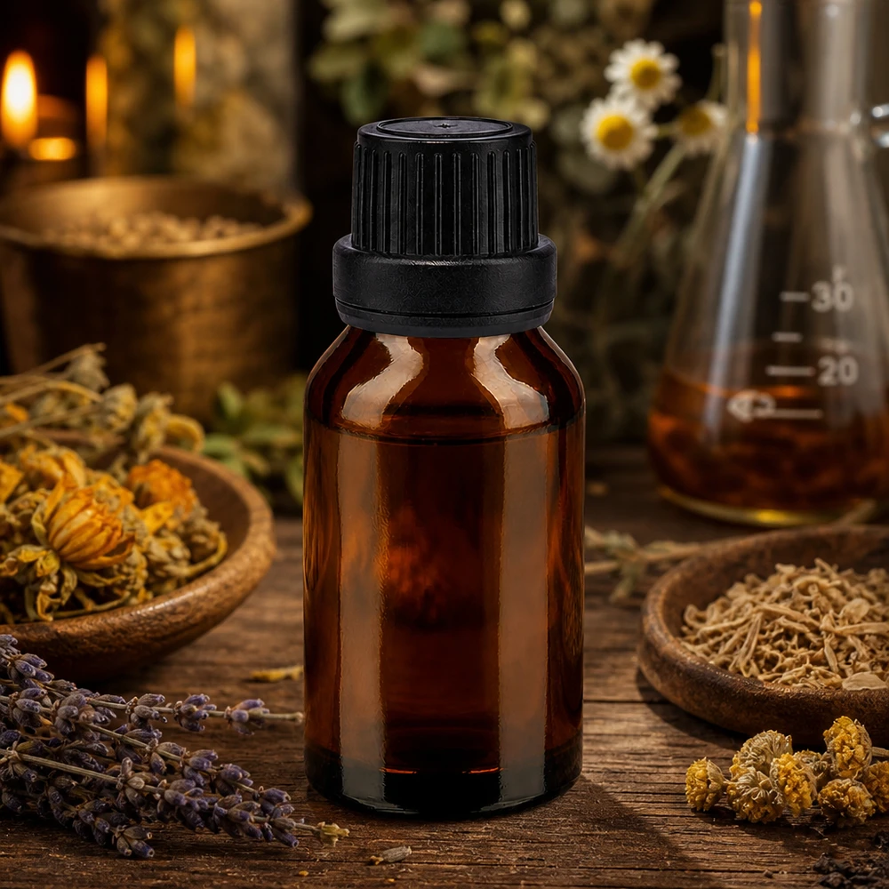 Bruine glazen fles van 30 ml met kindveilige, originele zwarte sluiting voor kruidenextracten