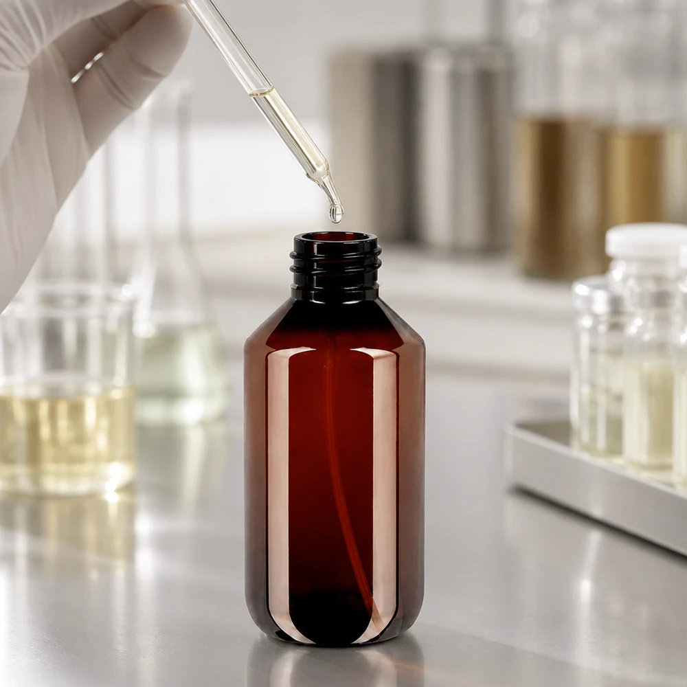 200 ml PET medicijnfles met verstuiver zwart GCMI 28/410 incl. dop transparant, standaard Robuste 200ml Kunststoffflasche braun mit schwarzem Zerstäuber für Laboranwendungen