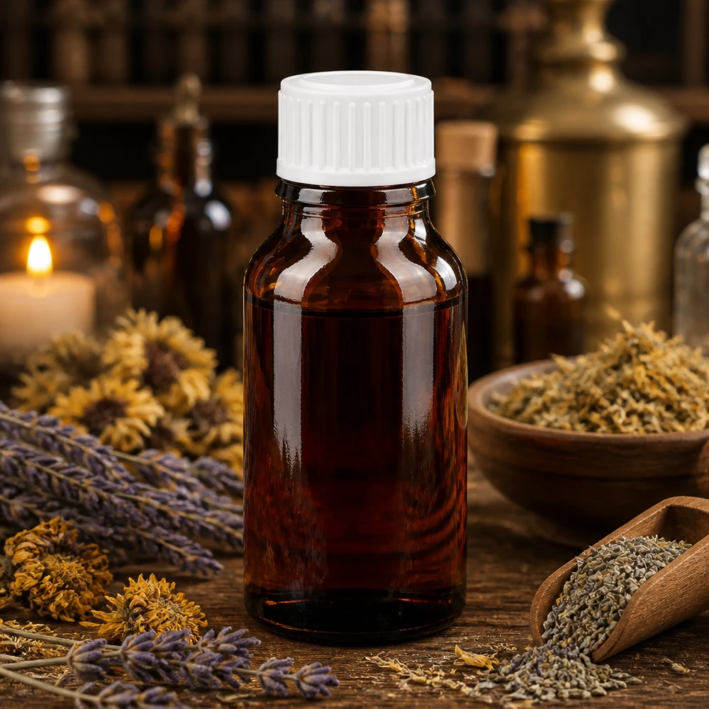 Bruine glazen fles 15ml met wit schroefsluiting St Amberkleurig apothekersflesje van 15 ml met witte schroefdop naast een houten schepje met lavendel
