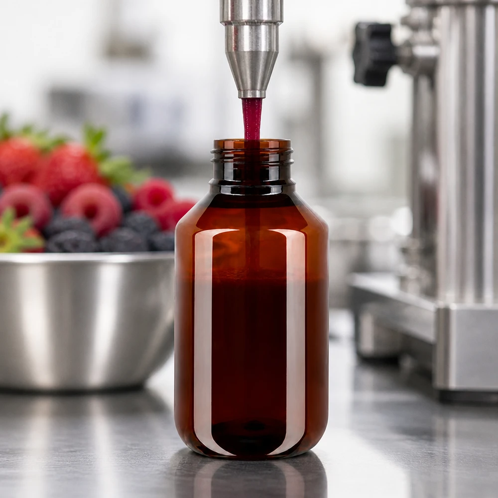 PET fles 100ml met ontgassingsdop rood Automatische doseermachine vult een rode vloeistof in een klein, amberkleurig PET-flesje