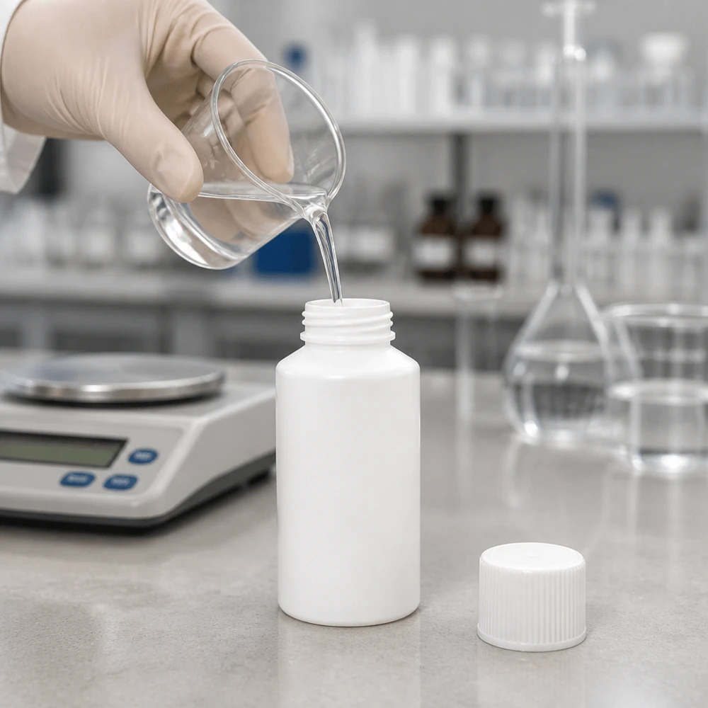 Stevige witte apothekersfles van 50 ml met SV, geschikt voor agressieve vloeistoffen