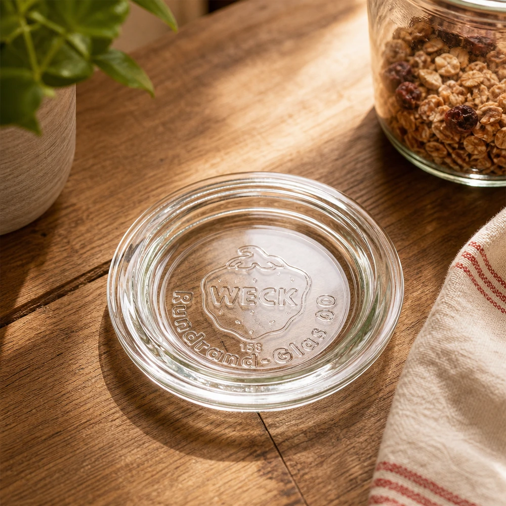 WECK glazen deksel RR60 WECK glazen deksel RR60 transparant op houten tafel met muesli voorraadpot en keukentextiel rustiek keukenscène