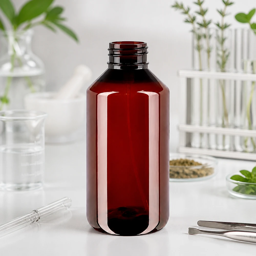 PET-fles 750 ml met verstuiver wit Hoogwaardige bruine PET-fles van 750 ml met een glanzend oppervlak en een stabiele voet