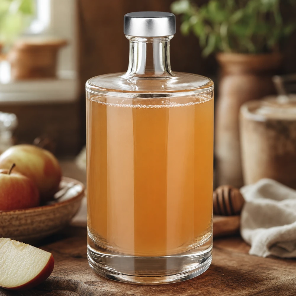 500ml glazen fles Sam gevuld met appelsap naast appels en honing natuurlijke keuken warme houten look