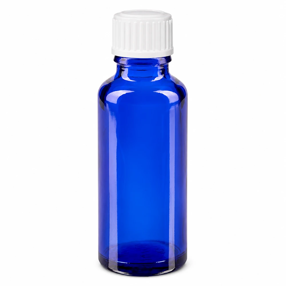 Blauwe glazen flessen 30ml met wit schroefsluiting St Kleine blauwe glazen medicijnflesje van 30 ml met een kindveilige witte dop