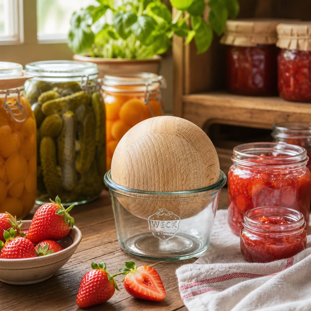 WECK inmaakpot 370ml RR100 in een rustieke keuken met zelfgemaakte jam en ingemaakte groenten