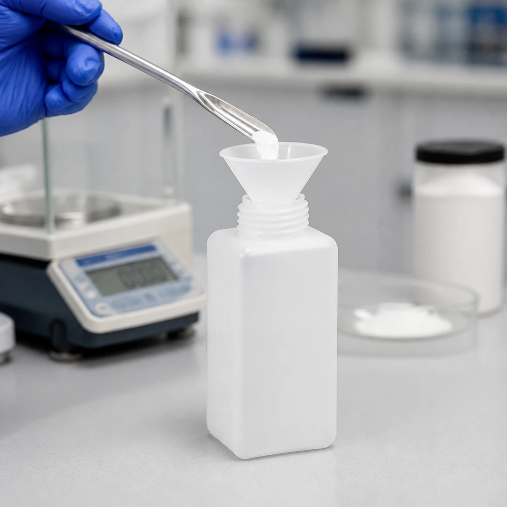 Rechthoekige chemiefles van 1500 ml, gemaakt van PE-HD, naturel, met een laboratoriumweegschaal op de achtergrond