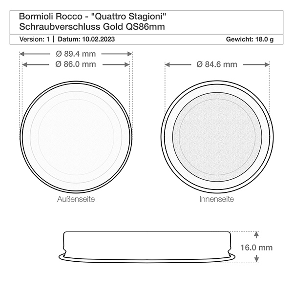 1000 ml rond glas "Quattro Stagioni" met deksel Technische tekening Bormioli Rocco Quattro Stagioni deksel QS86mm met afmetingen Diameter 89,4mm Gewicht 18g