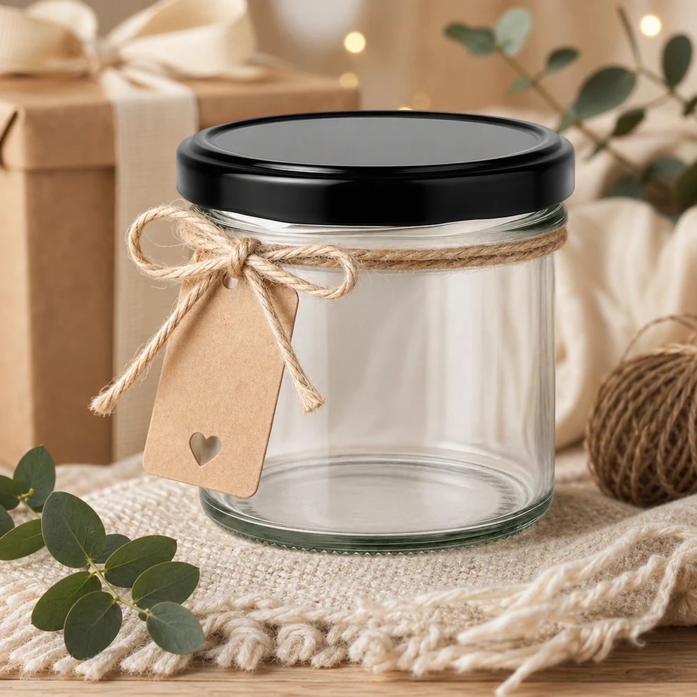 125 ml bekers met zwart deksel als cadeau versierd met jute koord en rustieke hart hanger