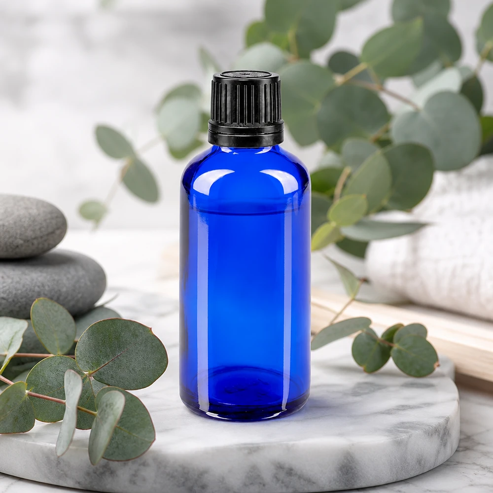 Lichtbeschermende fles van 50 ml, blauw, van borosilicaatglas met zwarte buitenverpakking voor farmaceutische producten