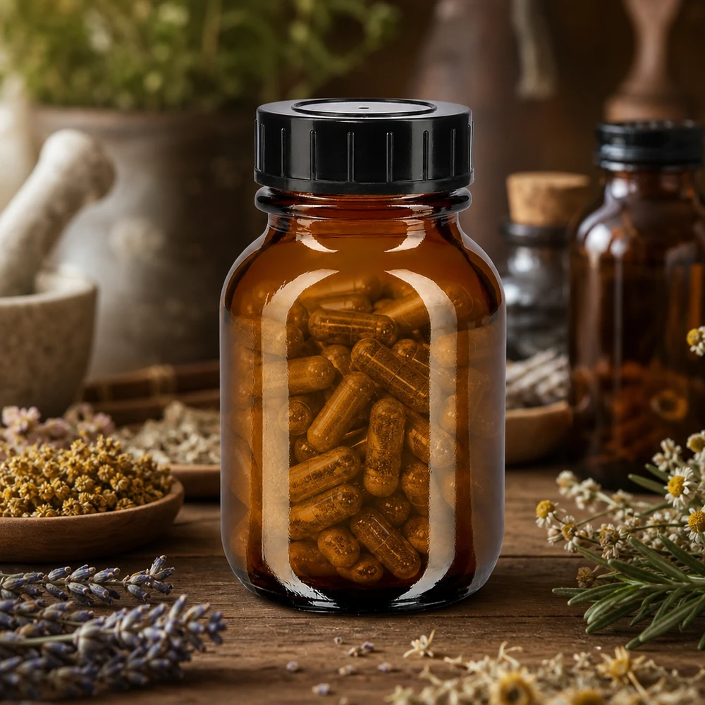 Bruine wijdhalsfles 50ml met schroefdop ideaal voor capsules en voedingssupplementen
