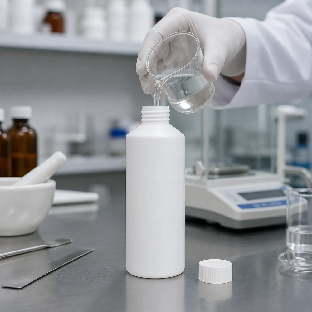 PET cilinderfles 100ml wit, S20x3, zonder sluiting Het afvullen van vloeibare geneesmiddelen in witte HDPE-apothekersflesjes van 100 ml met beschermende handschoenen