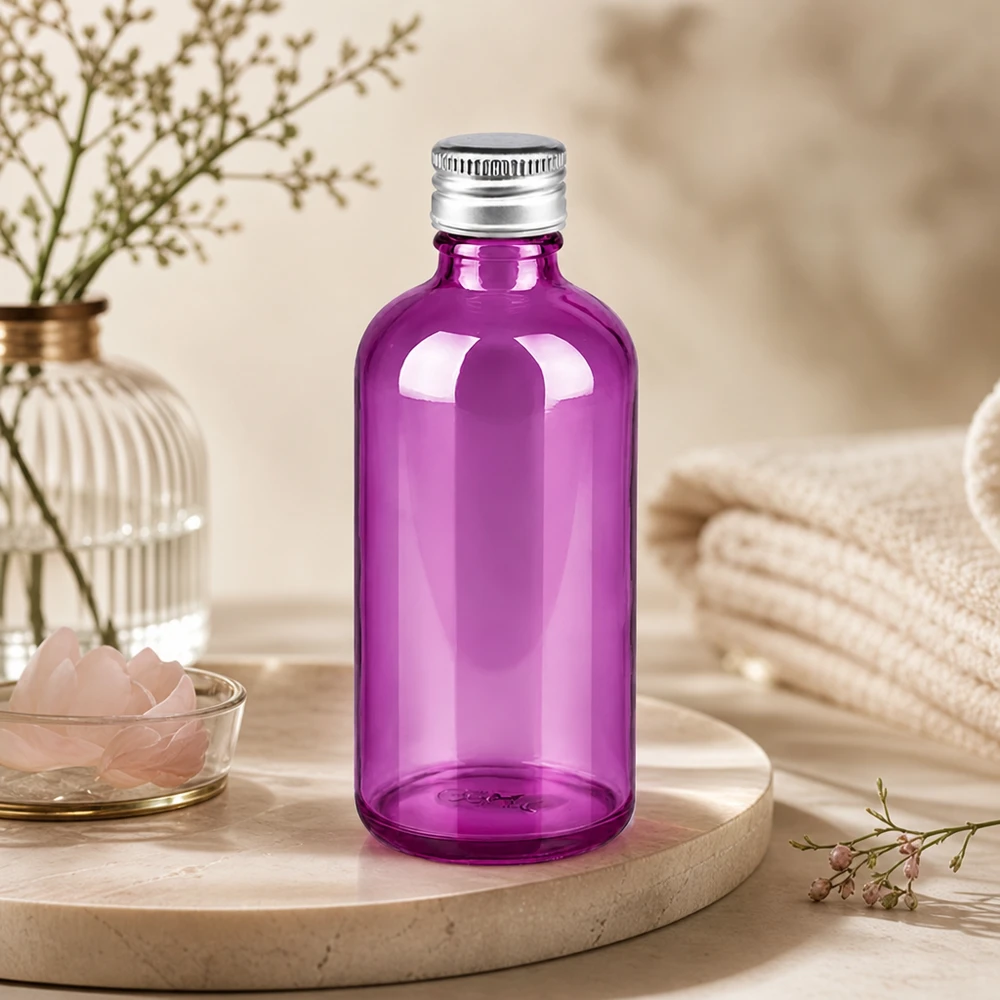 Glazen apothekersfles 100ml in paars met dichte schroefdop voor professioneel gebruik