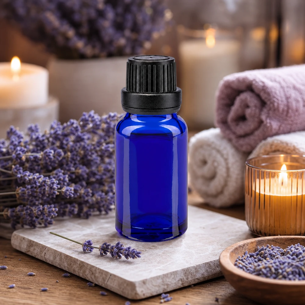 Druppelflesje van 10 ml met UV-bescherming, blauw met zwarte dop, ideaal voor aromatherapie