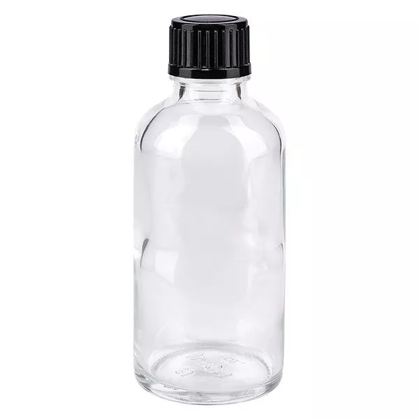 Helder glazen flessen 50ml met zwart schroefsluiting St Helder glazen flessen 50ml met zwart schroefsluiting St
