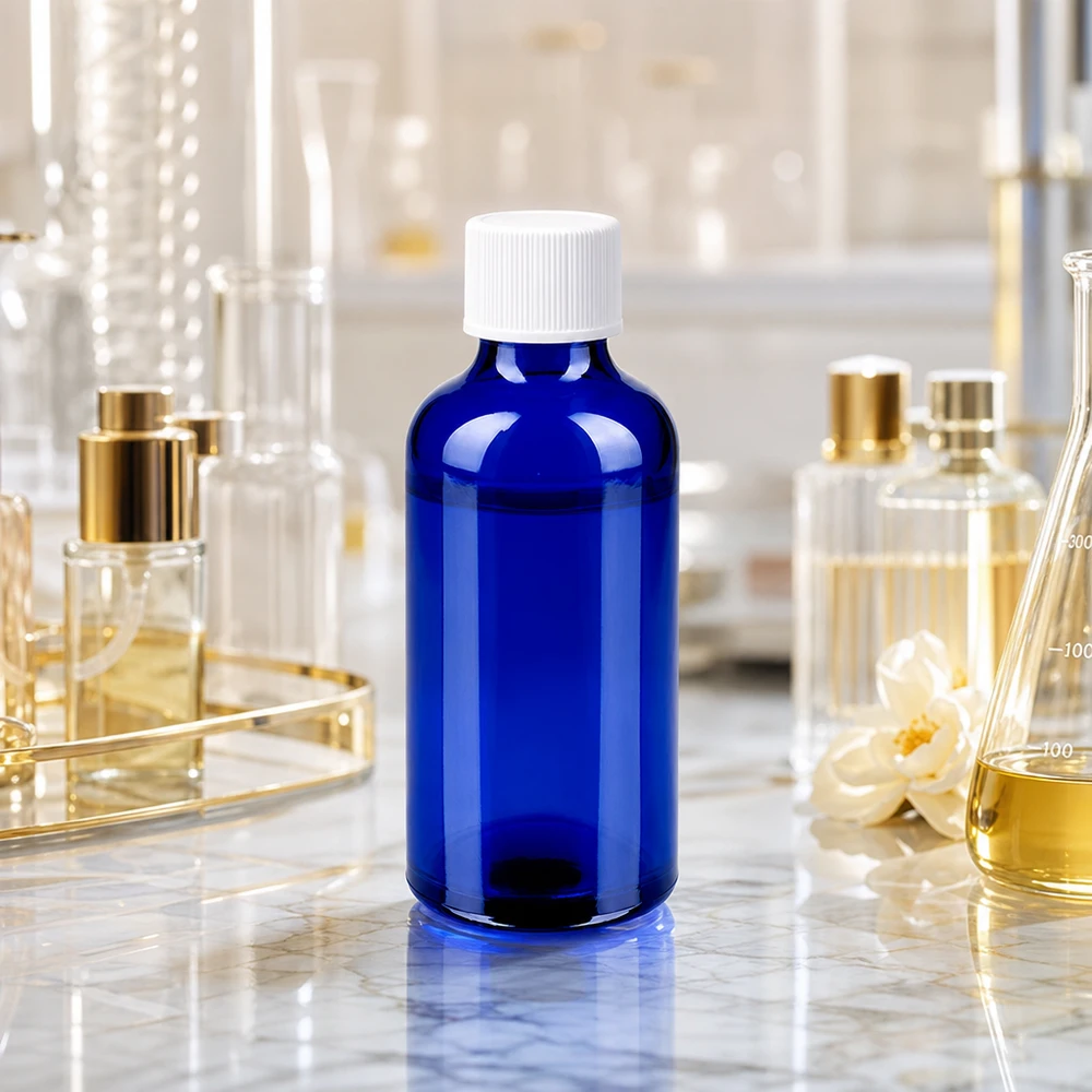 Stijlvolle kobaltblauwe glazen fles van 50 ml met mat witte dop voor cosmetische toepassingen