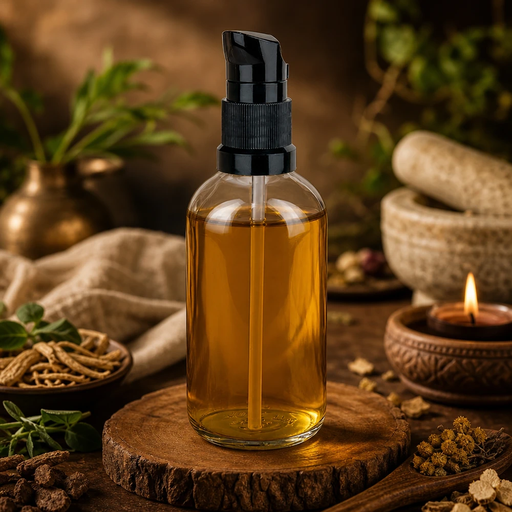 100ml pompflacon zwart STD ClearLine UT18/100 Doorzichtige pompfles van 100 ml met zwarte pomp, amberkleurige olie, houten onderzetters, Ayurveda-sfeer